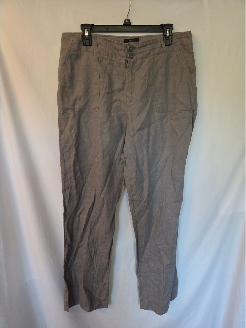 Womens 100% Linen Pants Taupe Straight Leg High Rise Coastal Utility Pockets